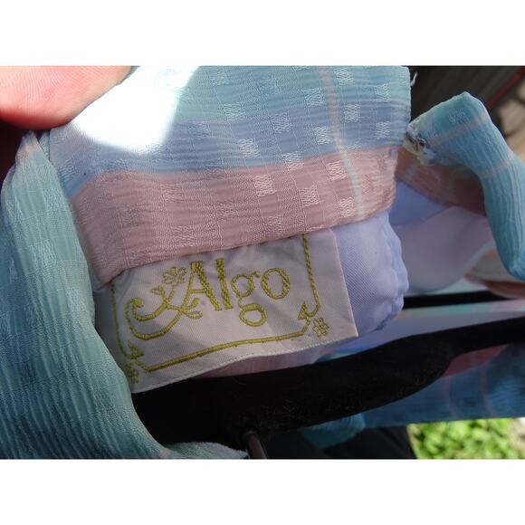 Vtg 80s Algo Pastel Plaid Stripe Midi Dress Tie Collar Retro New Wave Aesthetic - Picture 9 of 9